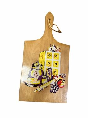 Vintage Nevco Wooden Cutting/Serving Board with Yellow Kitchen Illustration